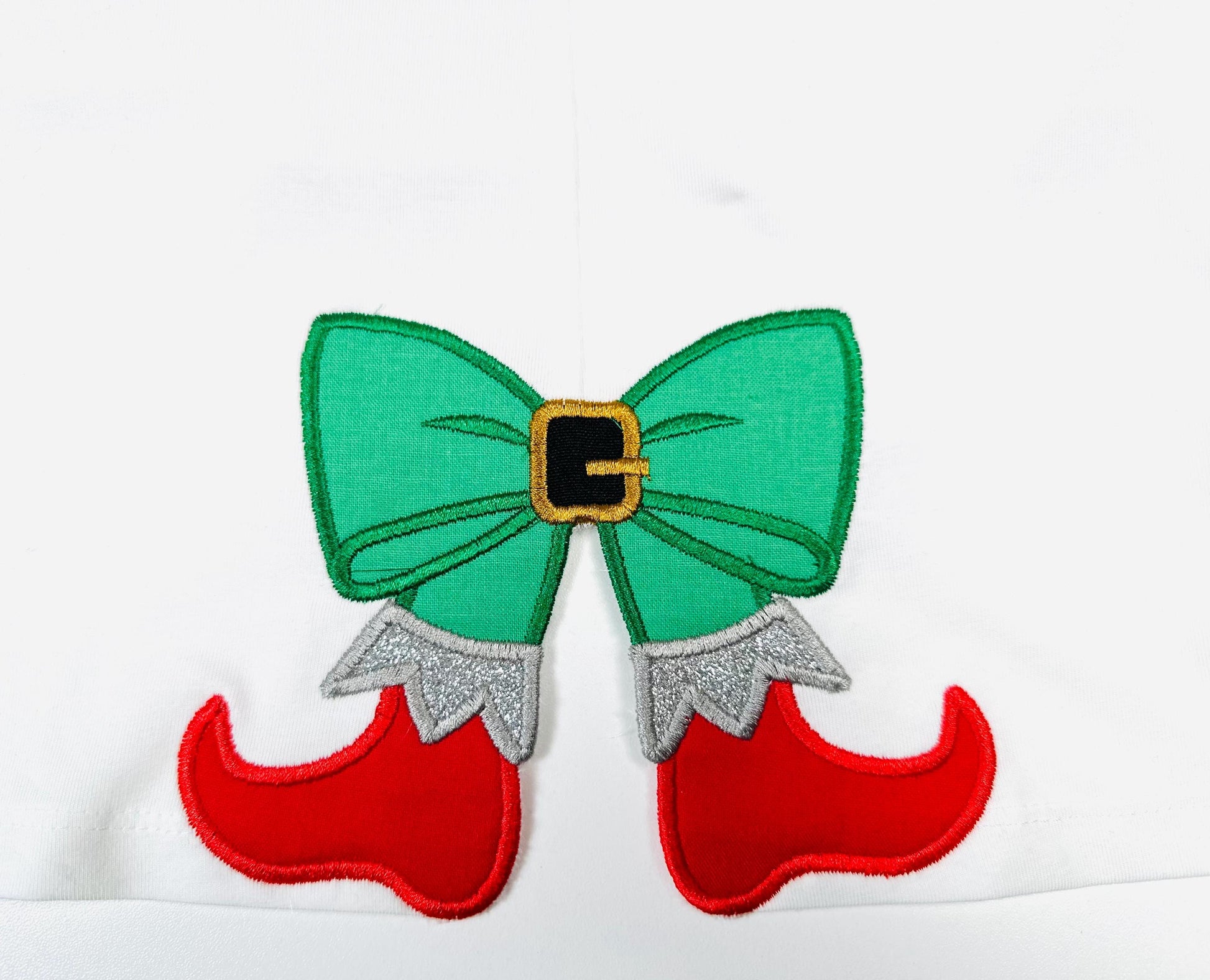 Christmas Elf Bow side bow split seam Santa Helper Elf boots machine embroidery designs sweatshirt t-shirt festive outfit kids design