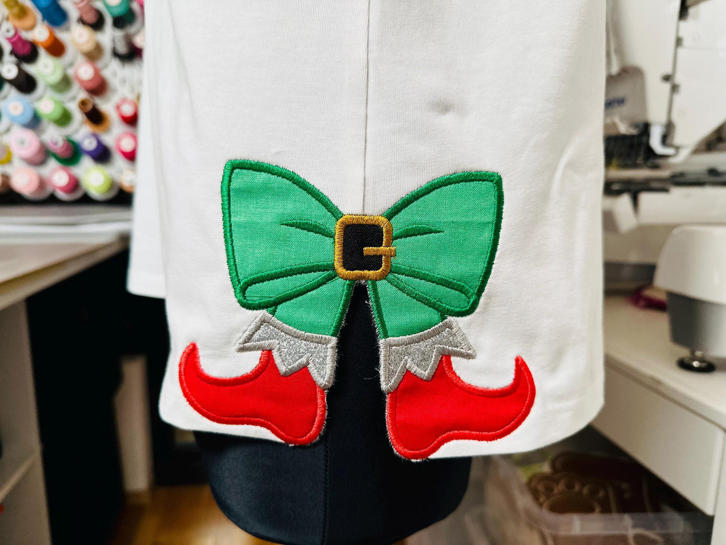 Christmas Elf Bow side bow split seam Santa Helper Elf boots machine embroidery designs sweatshirt t-shirt festive outfit kids design