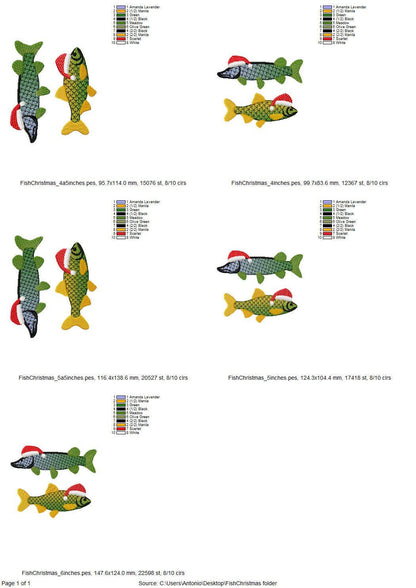 Rainbow iridescent Two Christmas Fish Santa Hat gradient awesome ombre effect Fisherman machine embroidery designs sizes from 4 to 6 inch