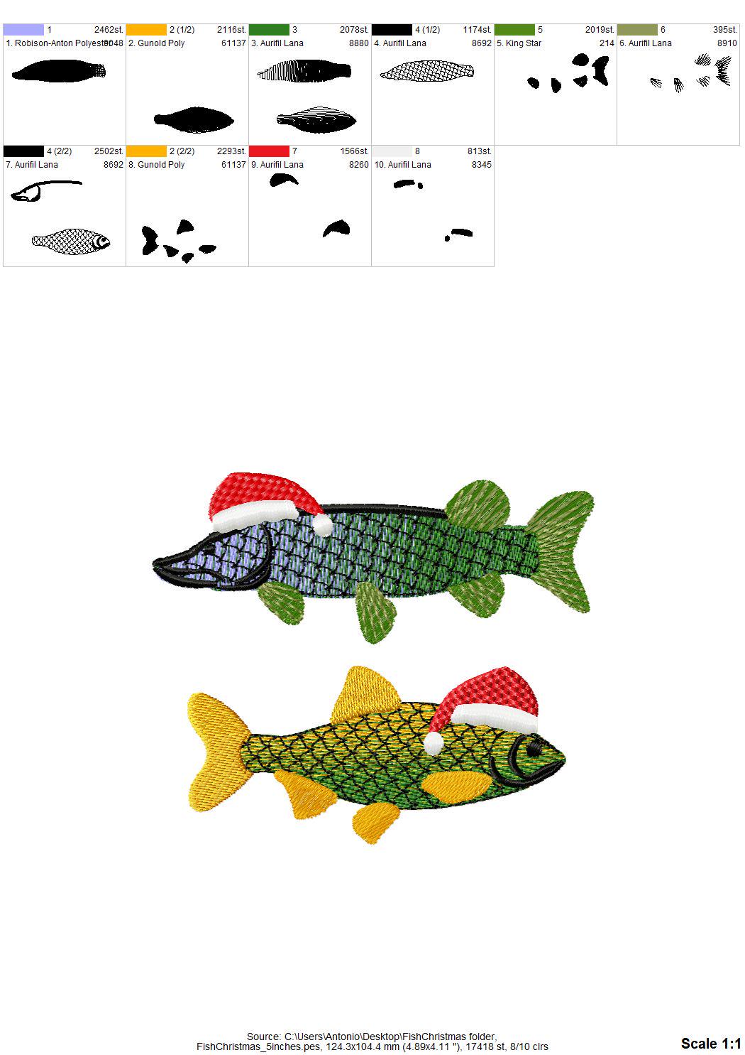 Rainbow iridescent Two Christmas Fish Santa Hat gradient awesome ombre effect Fisherman machine embroidery designs sizes from 4 to 6 inch