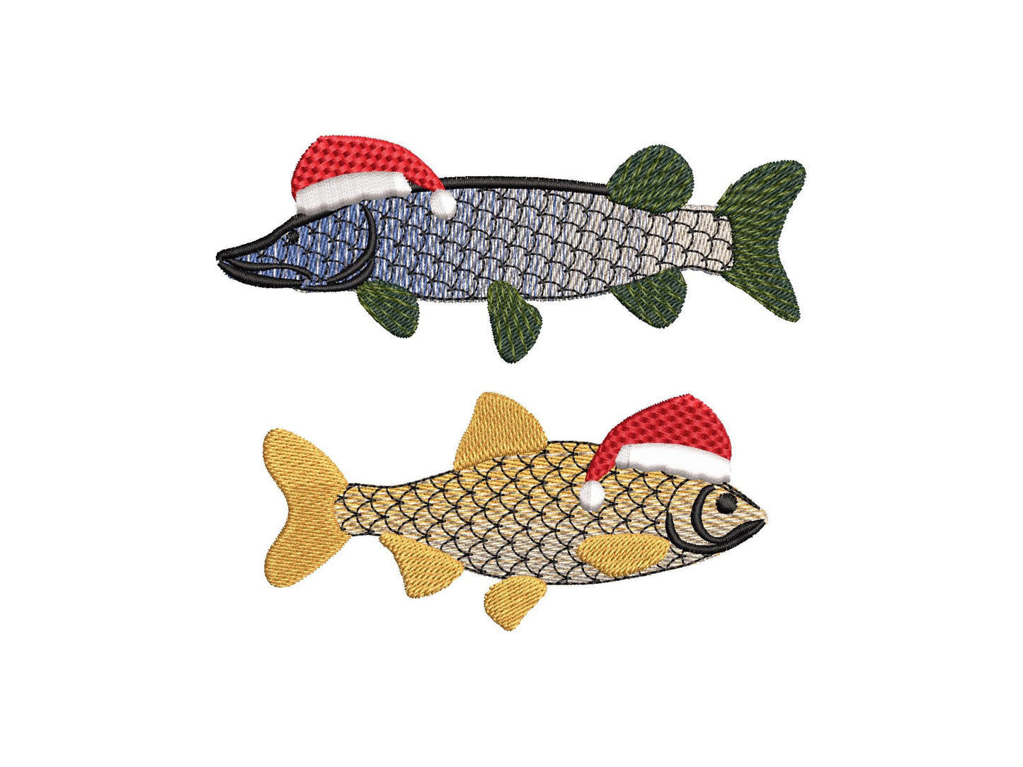 Rainbow iridescent Two Christmas Fish Santa Hat gradient awesome ombre effect Fisherman machine embroidery designs sizes from 4 to 6 inch