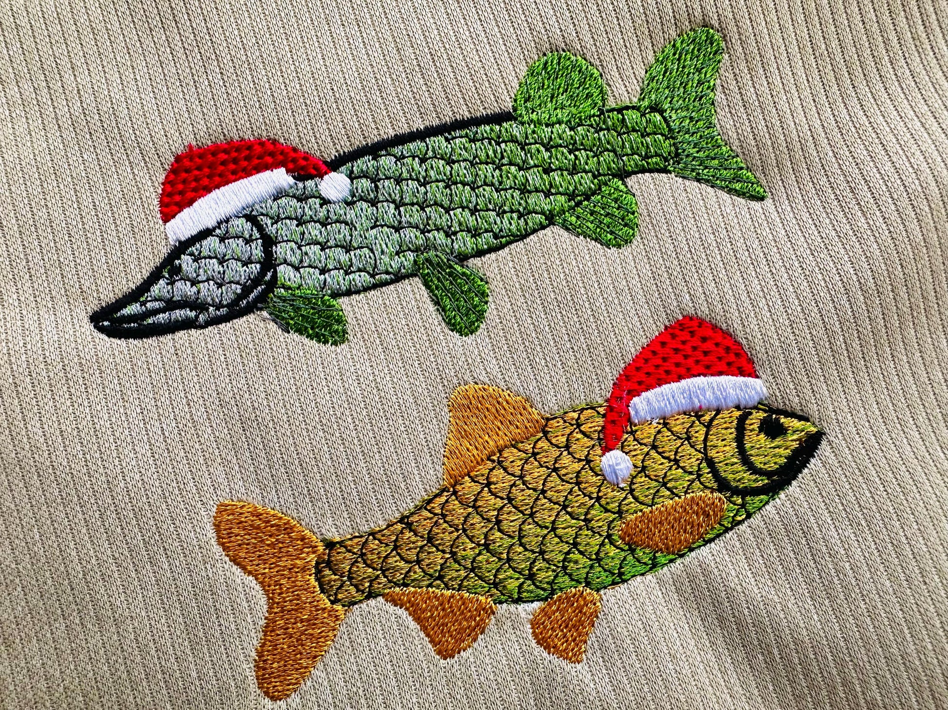 Rainbow iridescent Two Christmas Fish Santa Hat gradient awesome ombre effect Fisherman machine embroidery designs sizes from 4 to 6 inch