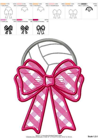 Volleyball Ball and Gingham Plaid Bow Applique side bow split seam machine embroidery designs ribbon Sports Girly Bow summer beach t-shirt
