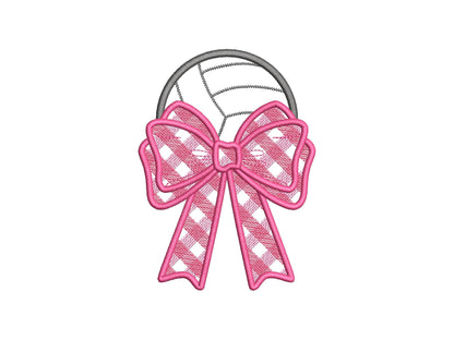 Volleyball Ball and Gingham Plaid Bow Applique side bow split seam machine embroidery designs ribbon Sports Girly Bow summer beach t-shirt