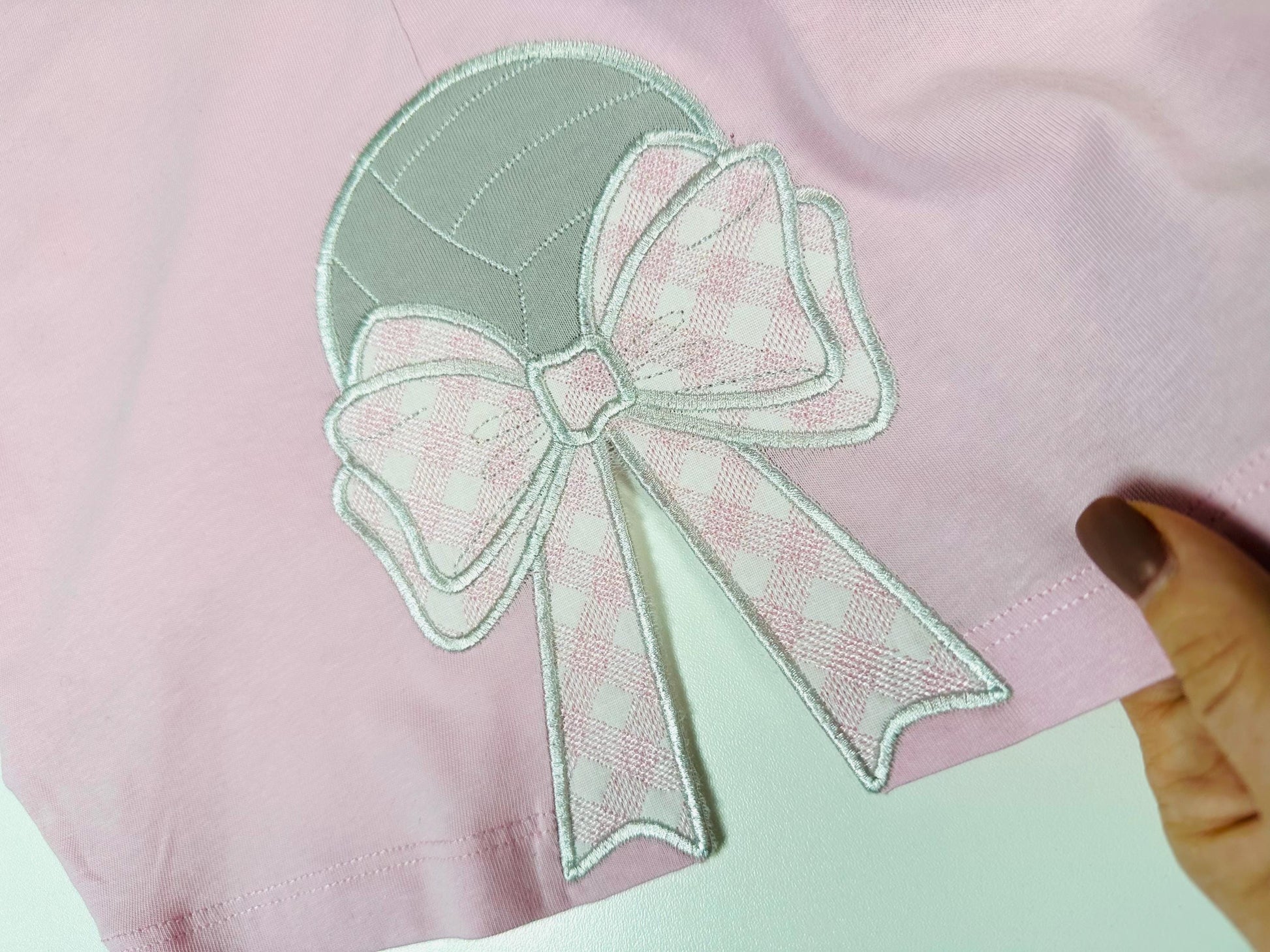 Volleyball Ball and Gingham Plaid Bow Applique side bow split seam machine embroidery designs ribbon Sports Girly Bow summer beach t-shirt