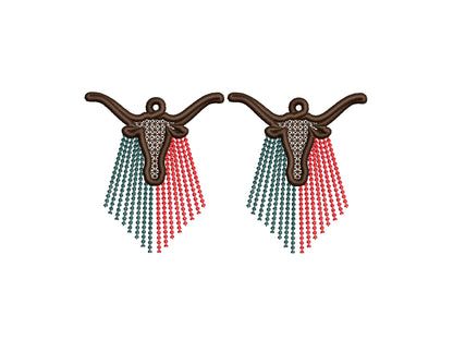 Longhorn Cow lace earrings charm pendant FSL freestanding lace machine embroidery designs Farm Bull Cowgirl dangle earrings in the hoop