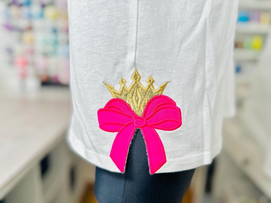 Classic Bow and Crown Diadem Tiara for little Princess Applique machine embroidery designs ribbon side split seam Girly Bow