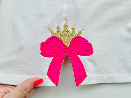 Classic Bow and Crown Diadem Tiara for little Princess Applique machine embroidery designs ribbon side split seam Girly Bow