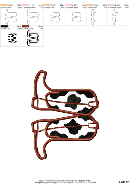 Cowboy Boots split seam side bow Applique machine embroidery designs Cowgirl Boots Farm cow spots kids outfit t-shirt sweatshirt embroidery