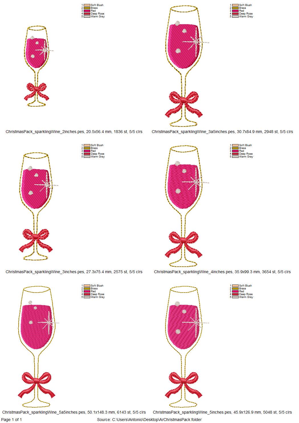 Merry Christmas Pack SET of 3 festive designs Christmas Tree Sparkling Wine and Confetti machine embroidery designs Party Decor small sizes