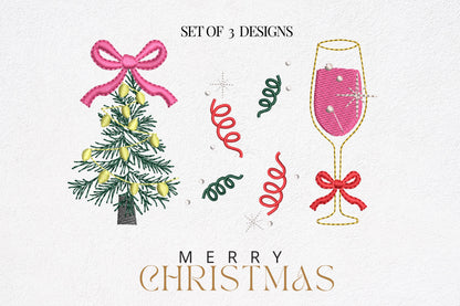 Merry Christmas Pack SET of 3 festive designs Christmas Tree Sparkling Wine and Confetti machine embroidery designs Party Decor small sizes