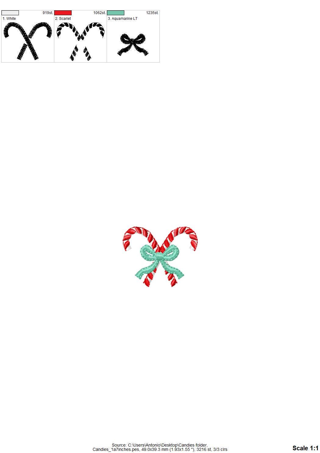 Mini Candy Cane candies with a Bow machine embroidery designs Christmas decor kids monogram accent home decoration sizes 1.3 up to 2 inch