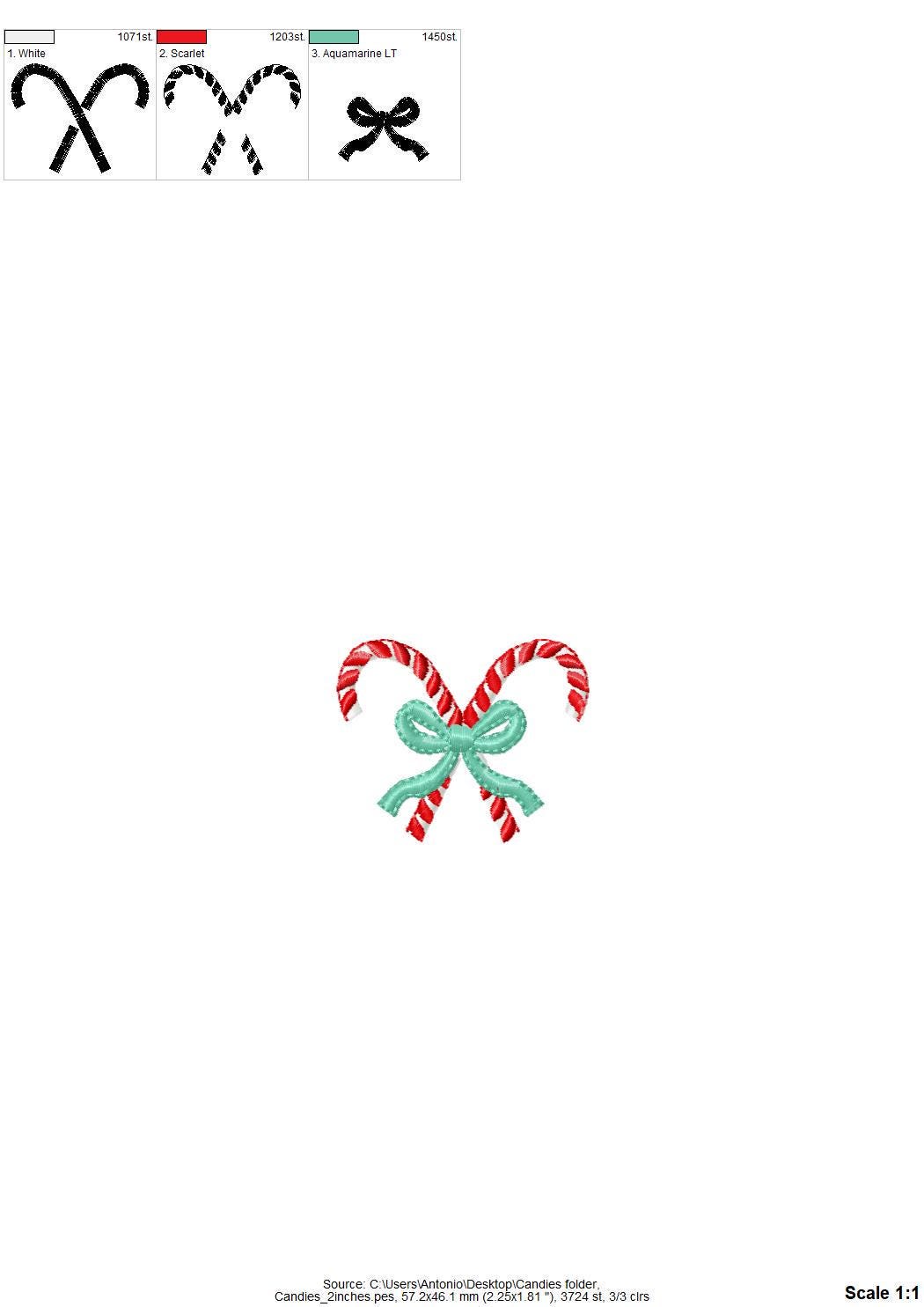 Mini Candy Cane candies with a Bow machine embroidery designs Christmas decor kids monogram accent home decoration sizes 1.3 up to 2 inch