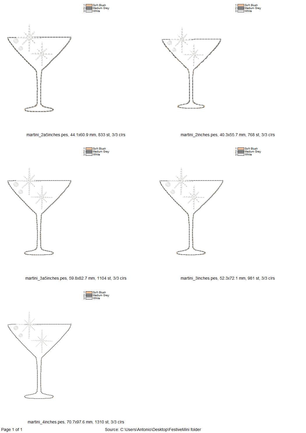 Cocktail Martini Drink in glass HTV Glitter vinyl Applique machine embroidery designs small sizes Sparkle Party festive accent