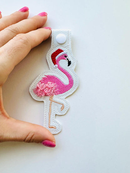 Fringed Flamingo Christmas Santa keychain key fob snap tab and eyelet in the hoop machine embroidery designs ITH girl backpack bag tag