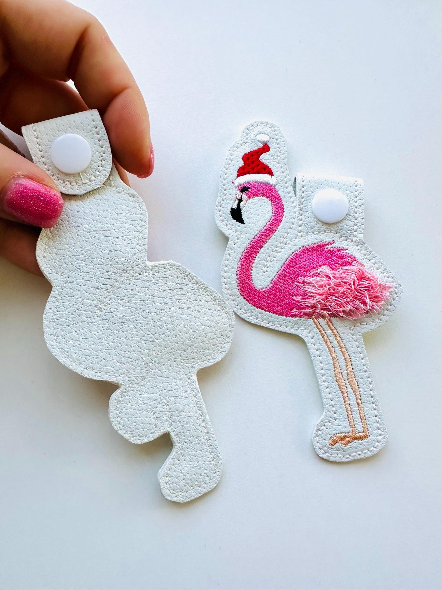 Fringed Flamingo Christmas Santa keychain key fob snap tab and eyelet in the hoop machine embroidery designs ITH girl backpack bag tag