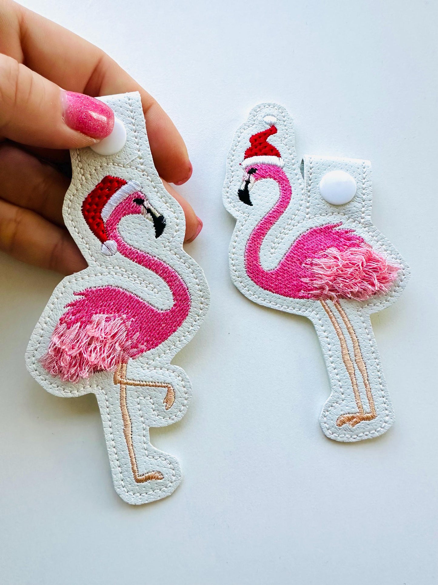 Fringed Flamingo Christmas Santa keychain key fob snap tab and eyelet in the hoop machine embroidery designs ITH girl backpack bag tag