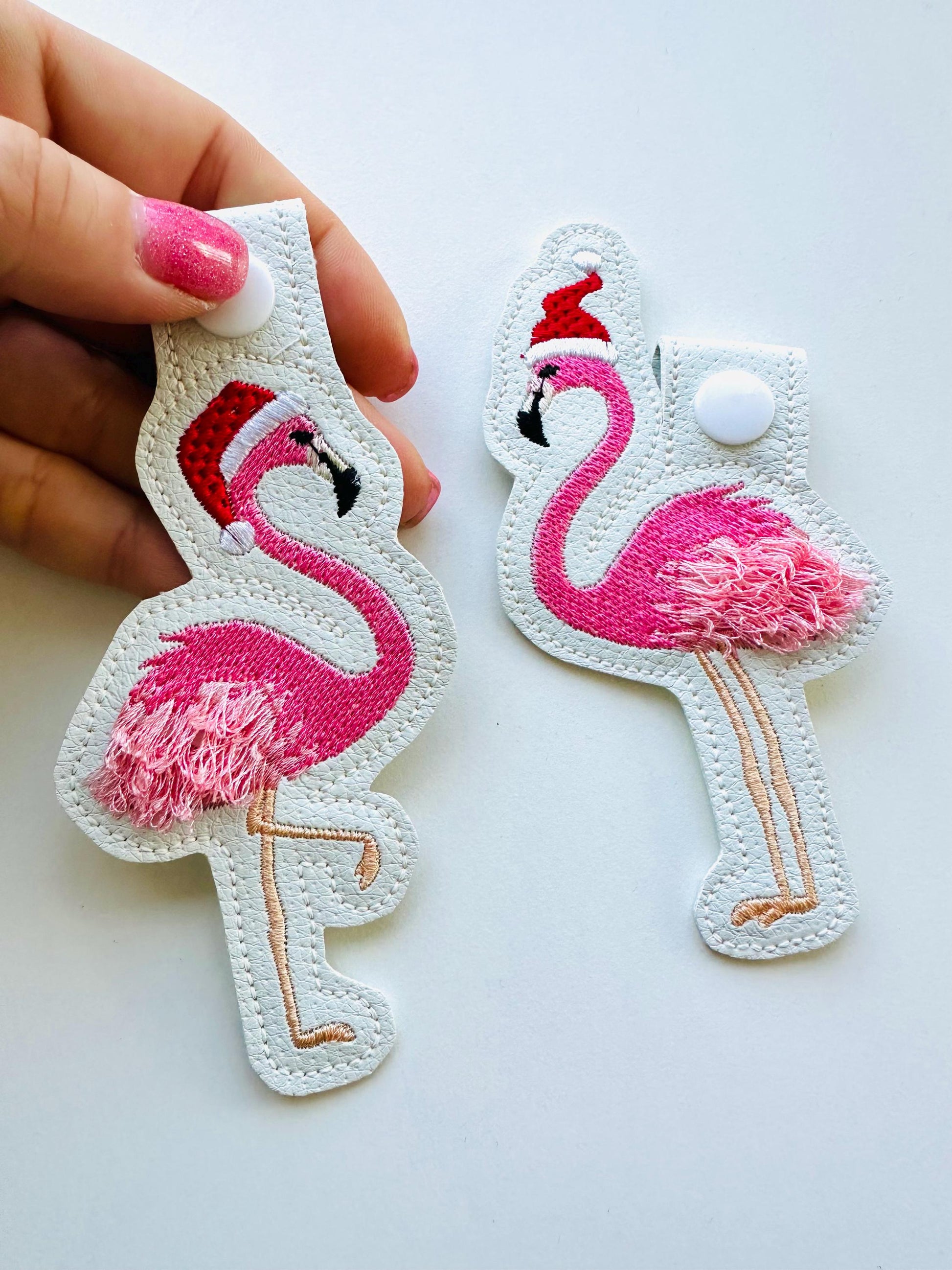 Fringed Flamingo Christmas Santa keychain key fob snap tab and eyelet in the hoop machine embroidery designs ITH girl backpack bag tag