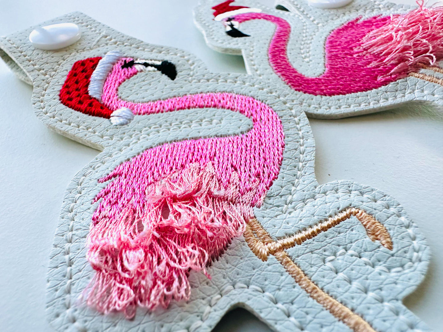 Fringed Flamingo Christmas Santa keychain key fob snap tab and eyelet in the hoop machine embroidery designs ITH girl backpack bag tag
