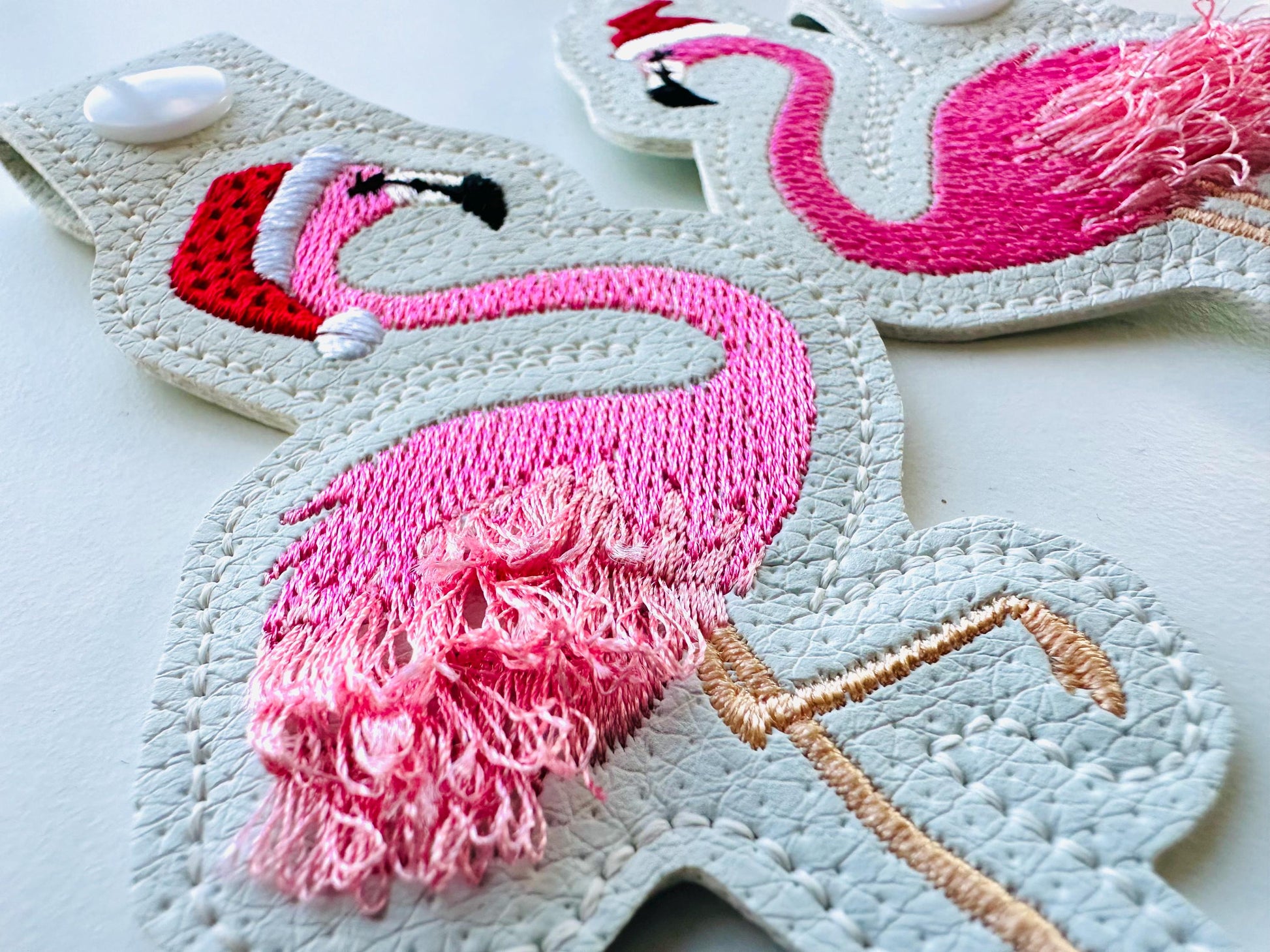 Fringed Flamingo Christmas Santa keychain key fob snap tab and eyelet in the hoop machine embroidery designs ITH girl backpack bag tag