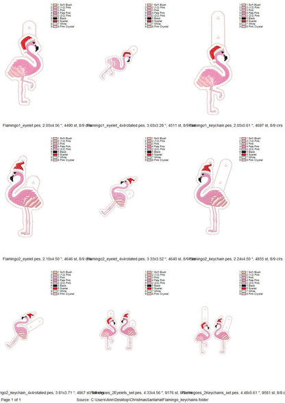 Fringed Flamingo Christmas Santa keychain key fob snap tab and eyelet in the hoop machine embroidery designs ITH girl backpack bag tag