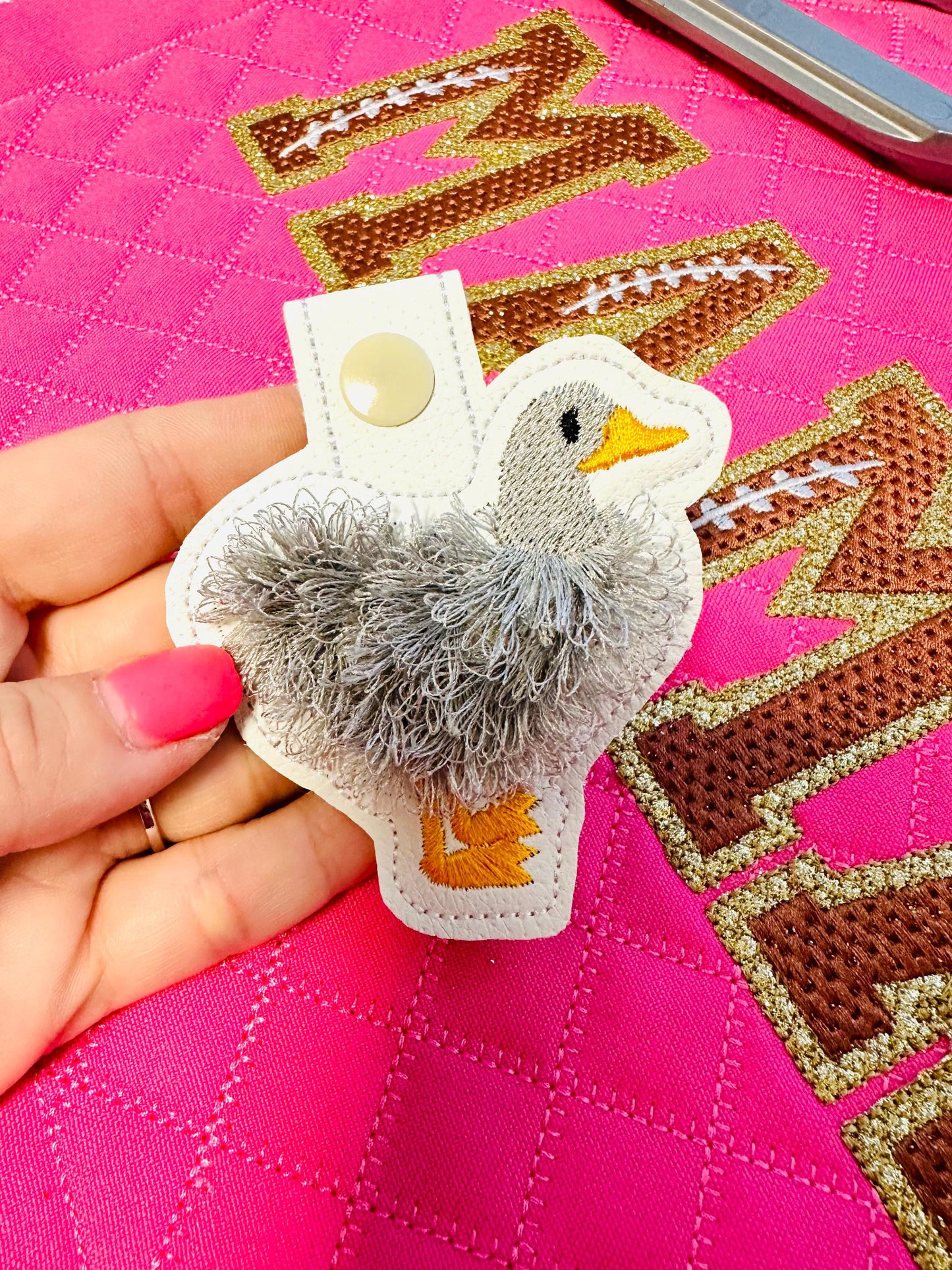 Classic Duck fringed bird Eyelet and Key Fob Snap Tab in the hoop machine embroidery designs ITH fluffy farm bird keychain bag tag gift idea