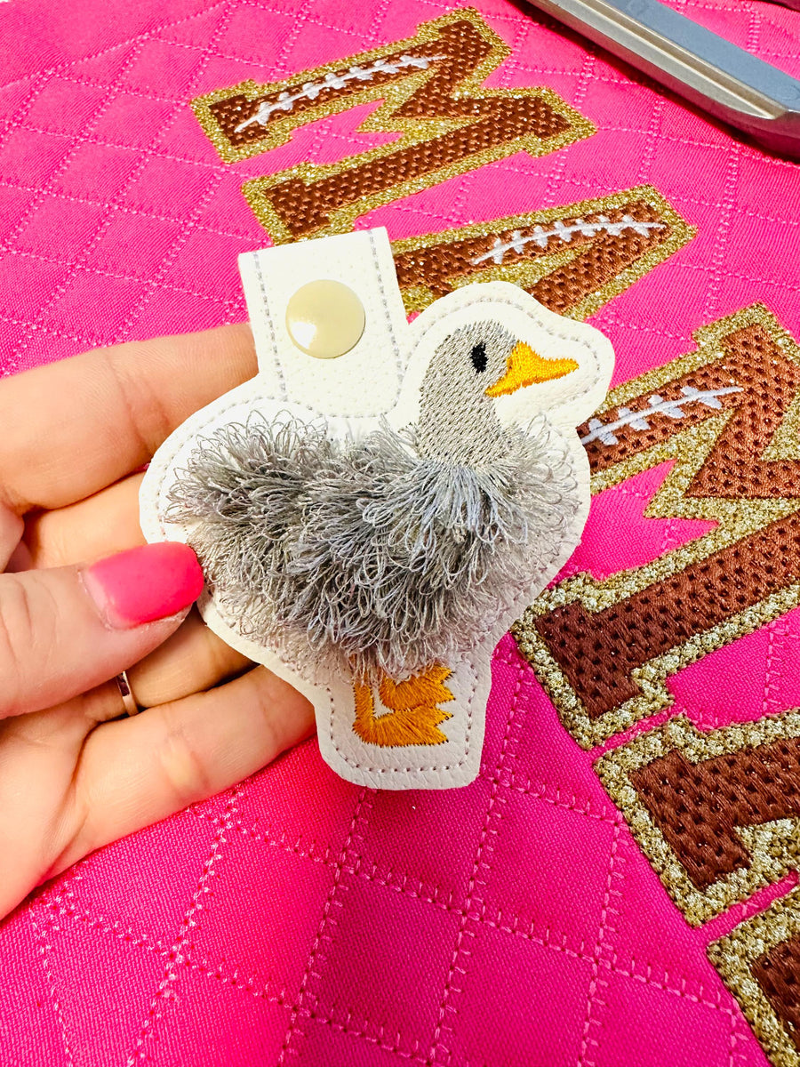 Classic Duck fringed bird Eyelet and Key Fob Snap Tab in the hoop machine embroidery designs ITH fluffy farm bird keychain bag tag gift idea