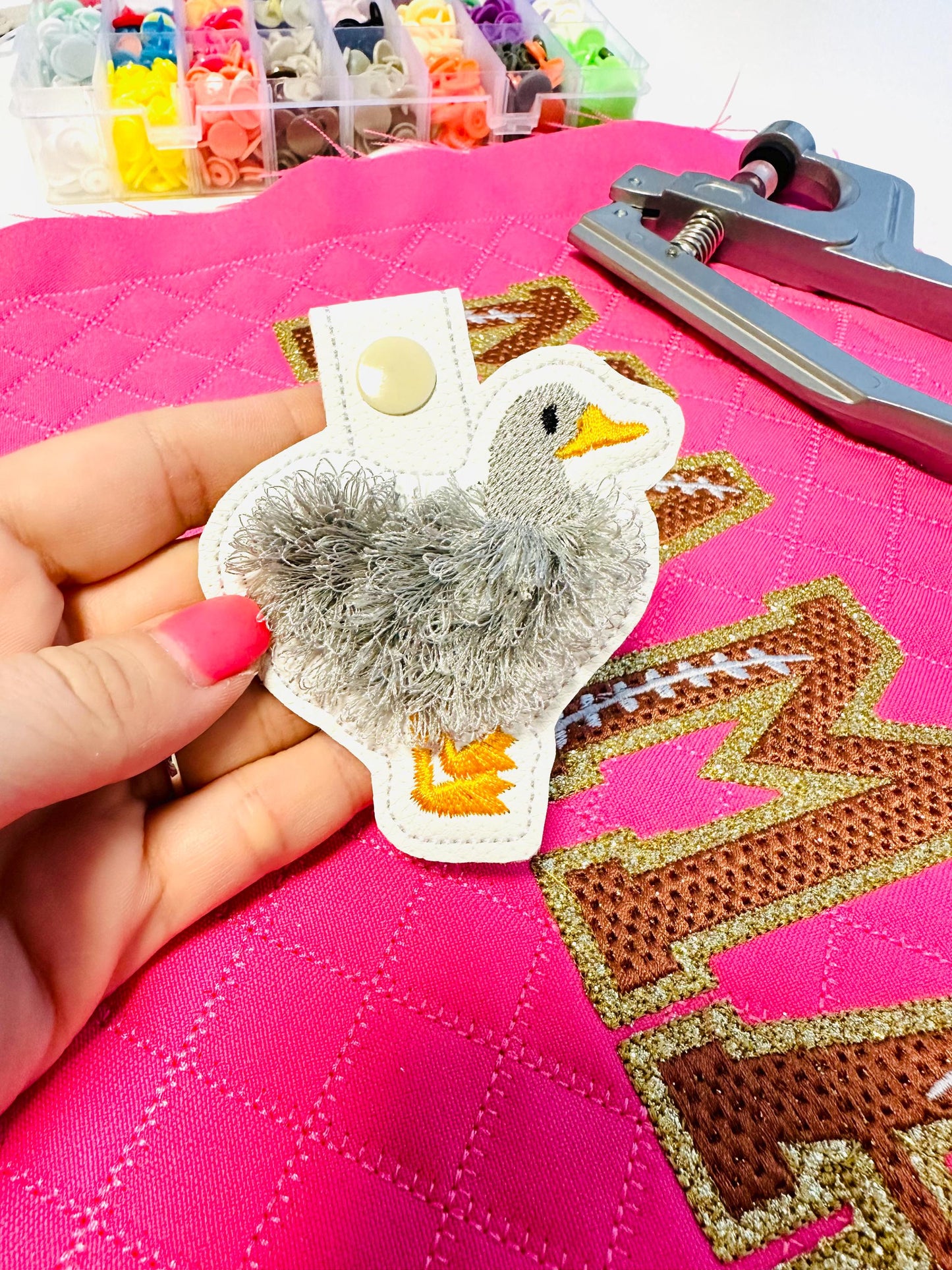 Classic Duck fringed bird Eyelet and Key Fob Snap Tab in the hoop machine embroidery designs ITH fluffy farm bird keychain bag tag gift idea
