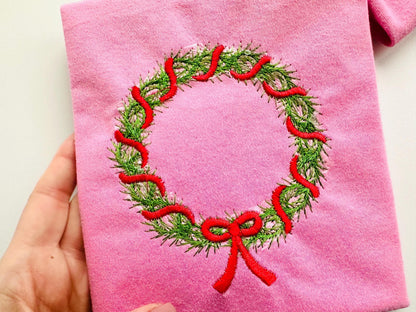 Merry Christmas Wreath with Bow sweet home Holiday decoration with ribbon festive machine embroidery designs sizes 4 up to 5.5 inch