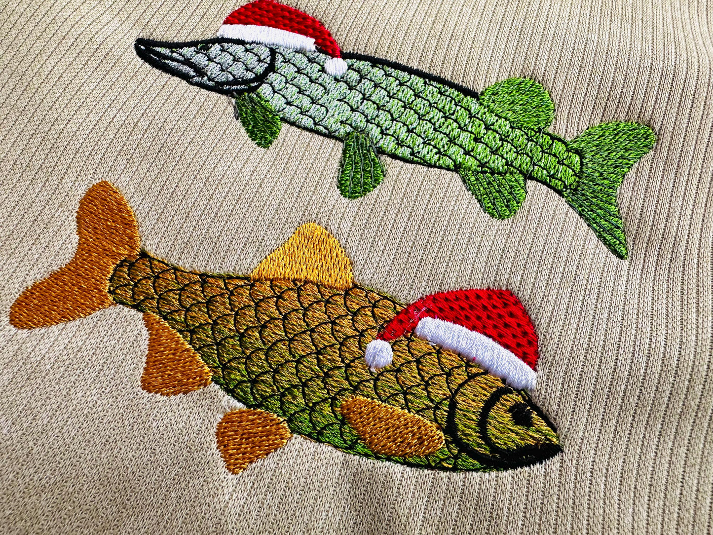 Rainbow iridescent Two Christmas Fish Santa Hat gradient awesome ombre effect Fisherman machine embroidery designs sizes from 4 to 6 inch