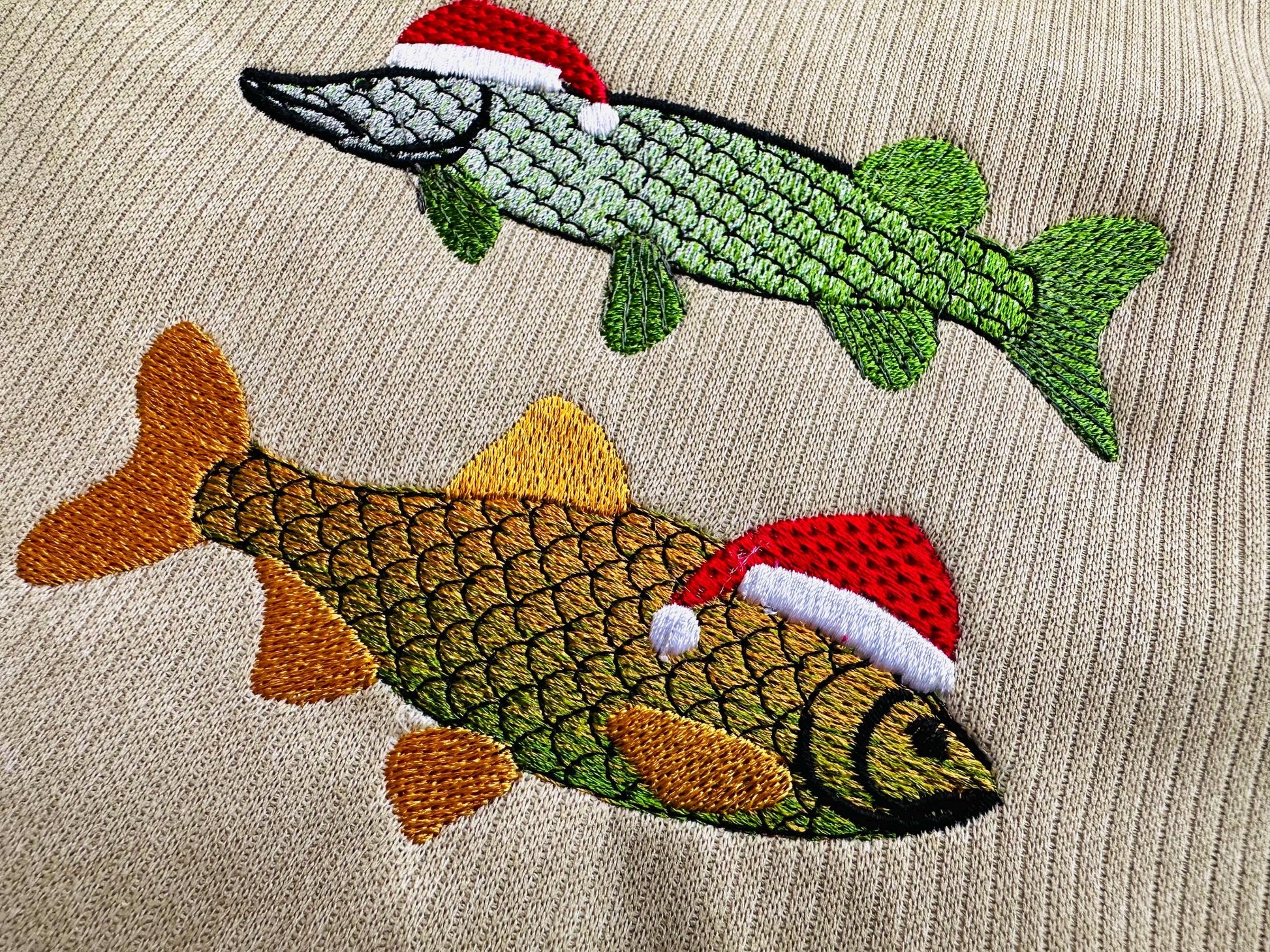 Rainbow iridescent Two Christmas Fish Santa Hat gradient awesome ombre effect Fisherman machine embroidery designs sizes from 4 to 6 inch