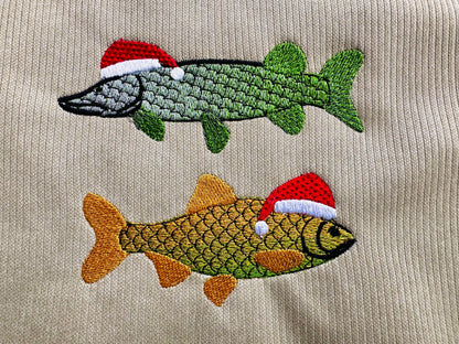 Rainbow iridescent Two Christmas Fish Santa Hat gradient awesome ombre effect Fisherman machine embroidery designs sizes from 4 to 6 inch
