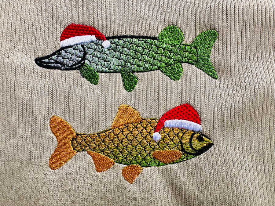 Rainbow iridescent Two Christmas Fish Santa Hat gradient awesome ombre effect Fisherman machine embroidery designs sizes from 4 to 6 inch