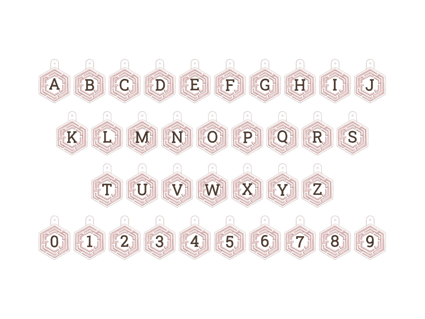 Hexagon Labyrinth frame and initial Monogram Eyelet and Key Fob snap tab in the hoop ITH keychain machine embroidery designs kids gift idea