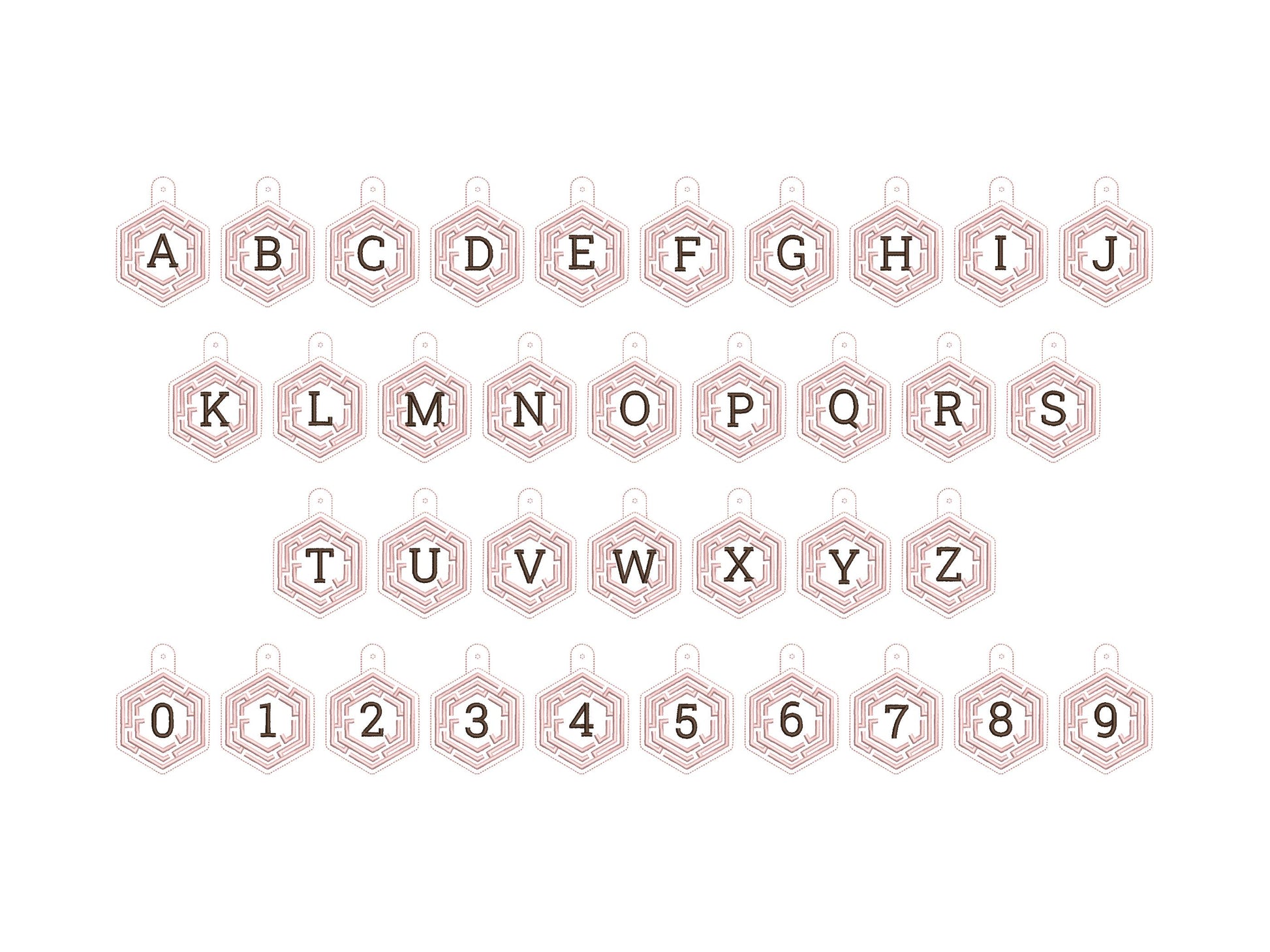 Hexagon Labyrinth frame and initial Monogram Eyelet and Key Fob snap tab in the hoop ITH keychain machine embroidery designs kids gift idea