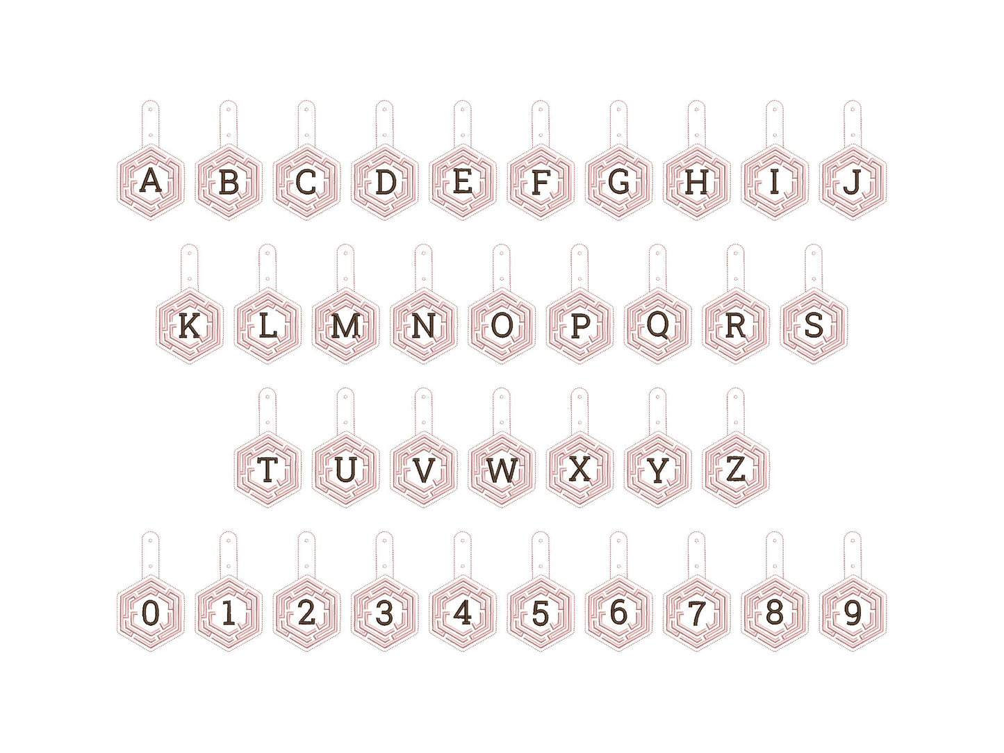 Hexagon Labyrinth frame and initial Monogram Eyelet and Key Fob snap tab in the hoop ITH keychain machine embroidery designs kids gift idea