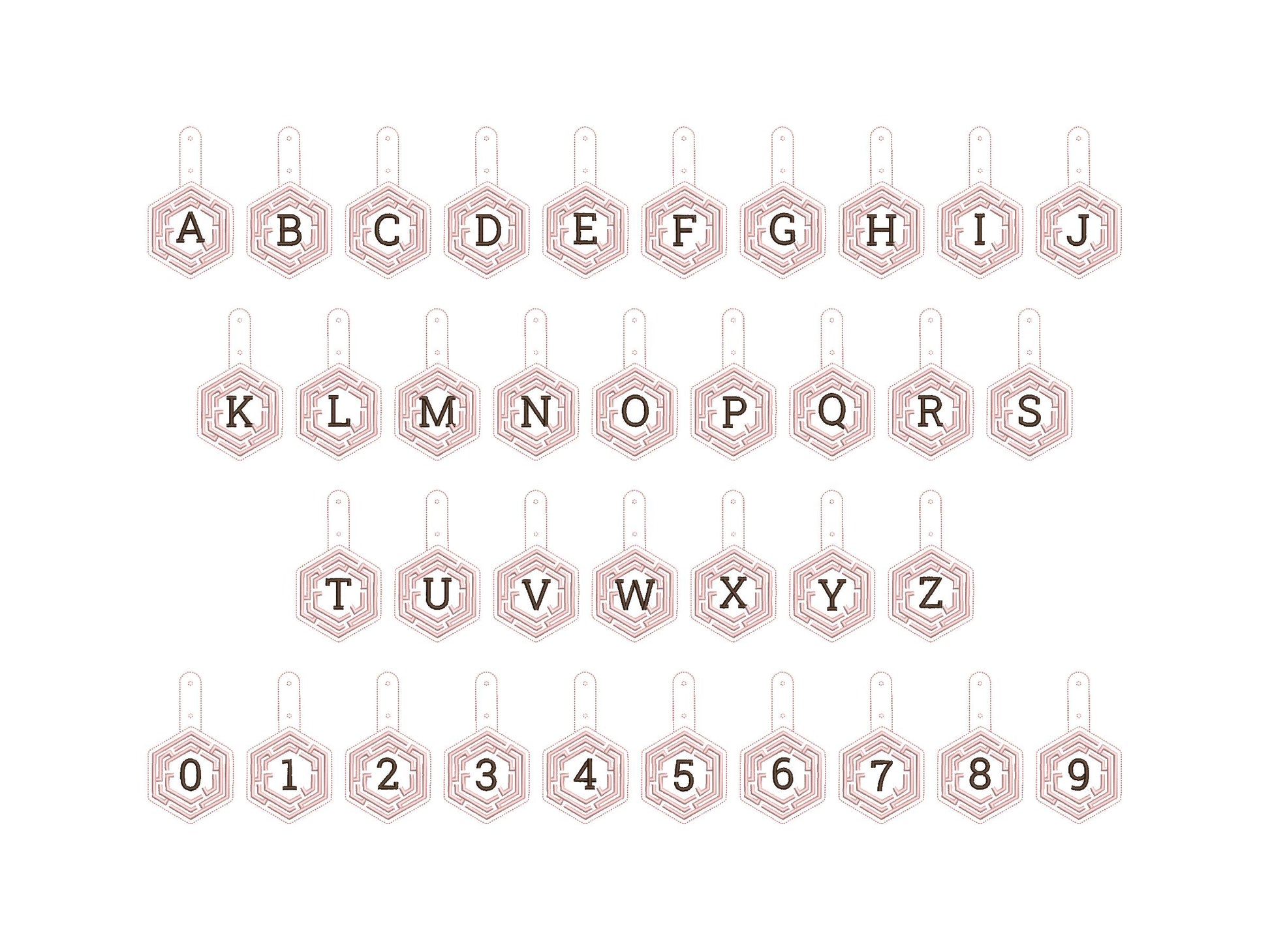 Hexagon Labyrinth frame and initial Monogram Eyelet and Key Fob snap tab in the hoop ITH keychain machine embroidery designs kids gift idea