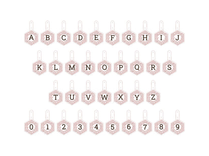 Hexagon Labyrinth frame and initial Monogram Eyelet and Key Fob snap tab in the hoop ITH keychain machine embroidery designs kids gift idea