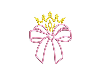 Classic Bow and Crown Diadem Tiara for little Princess Applique machine embroidery designs ribbon side split seam Girly Bow