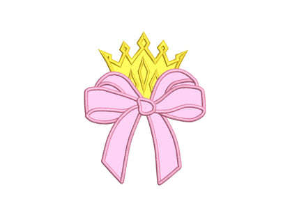 Classic Bow and Crown Diadem Tiara for little Princess Applique machine embroidery designs ribbon side split seam Girly Bow