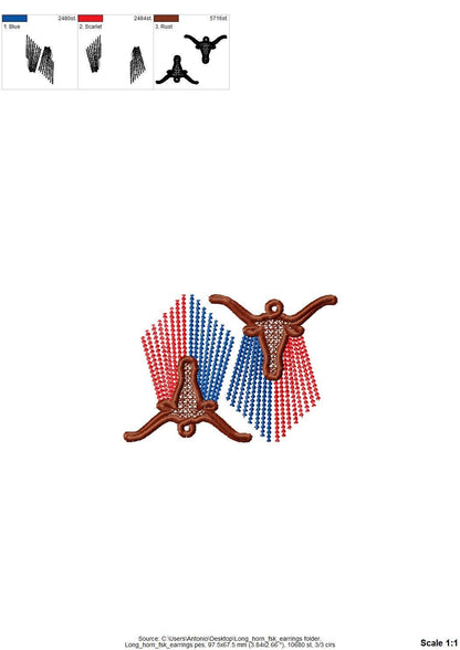 Longhorn Cow lace earrings charm pendant FSL freestanding lace machine embroidery designs Farm Bull Cowgirl dangle earrings in the hoop