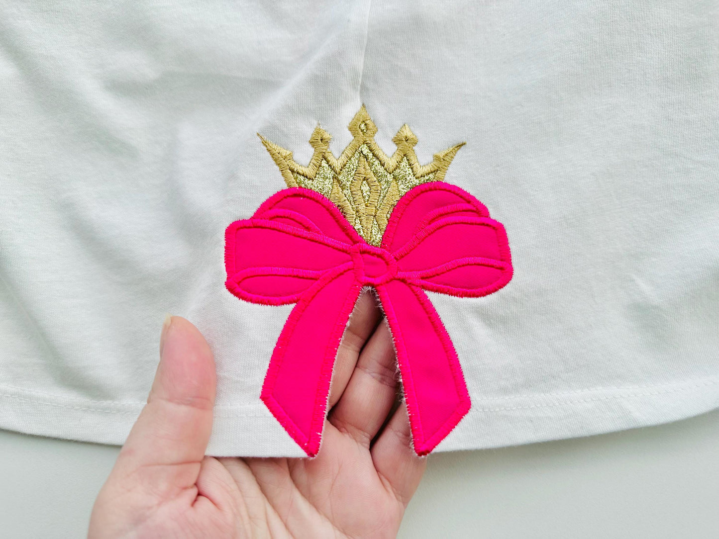 Classic Bow and Crown Diadem Tiara for little Princess Applique machine embroidery designs ribbon side split seam Girly Bow
