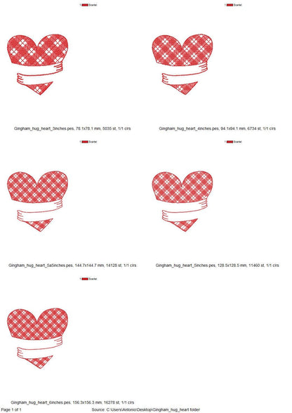 Gingham Plaid Hugging Heart Valentine Hug Heart buffalo checkered machine embroidery designs multiple sizes 3 to 6 inch lovely sweet design