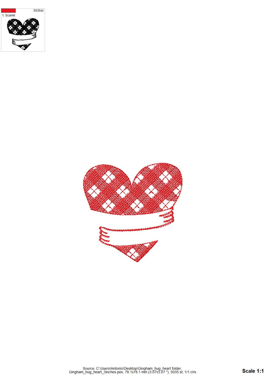 Gingham Plaid Hugging Heart Valentine Hug Heart buffalo checkered machine embroidery designs multiple sizes 3 to 6 inch lovely sweet design