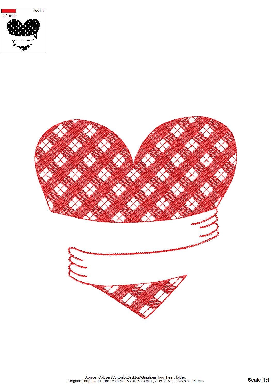 Gingham Plaid Hugging Heart Valentine Hug Heart buffalo checkered machine embroidery designs multiple sizes 3 to 6 inch lovely sweet design