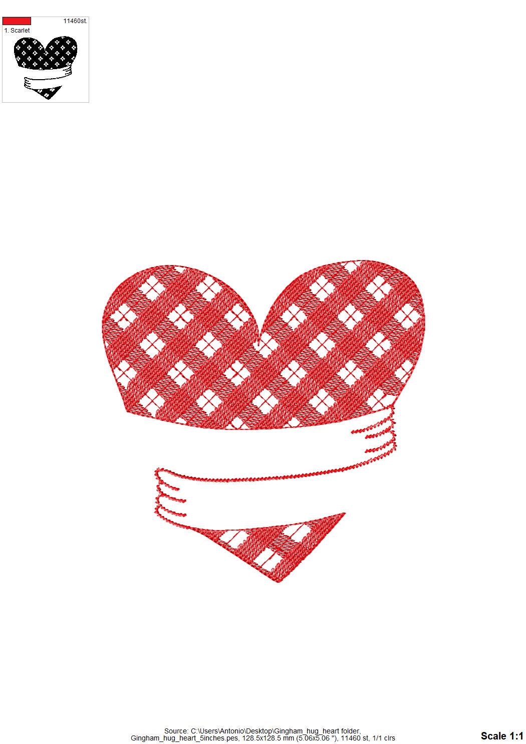 Gingham Plaid Hugging Heart Valentine Hug Heart buffalo checkered machine embroidery designs multiple sizes 3 to 6 inch lovely sweet design
