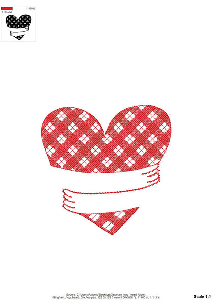 Gingham Plaid Hugging Heart Valentine Hug Heart buffalo checkered machine embroidery designs multiple sizes 3 to 6 inch lovely sweet design