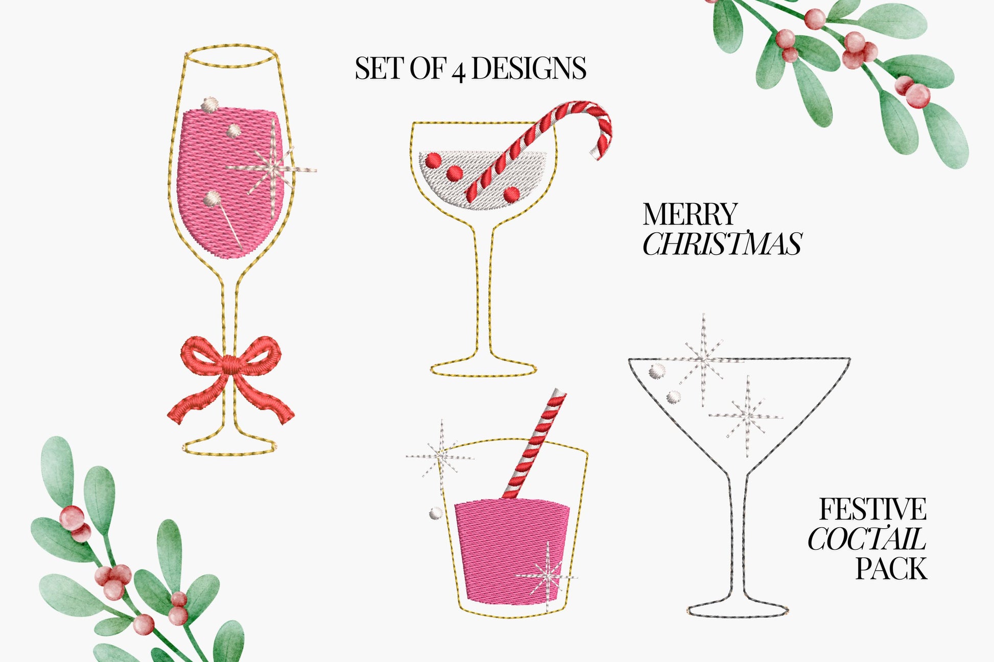 Festive Cocktail Pack SET of 4 designs HTV Glitter vinyl machine embroidery designs Wine Lovers Martini Sparkling Wine glass New Year Party