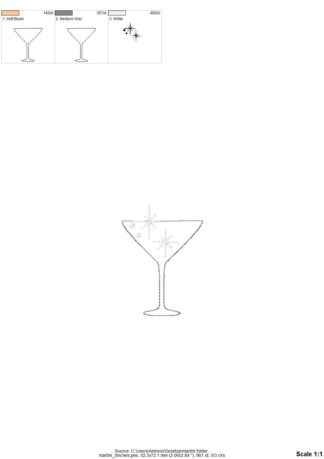 Cocktail Martini Drink in glass HTV Glitter vinyl Applique machine embroidery designs small sizes Sparkle Party festive accent