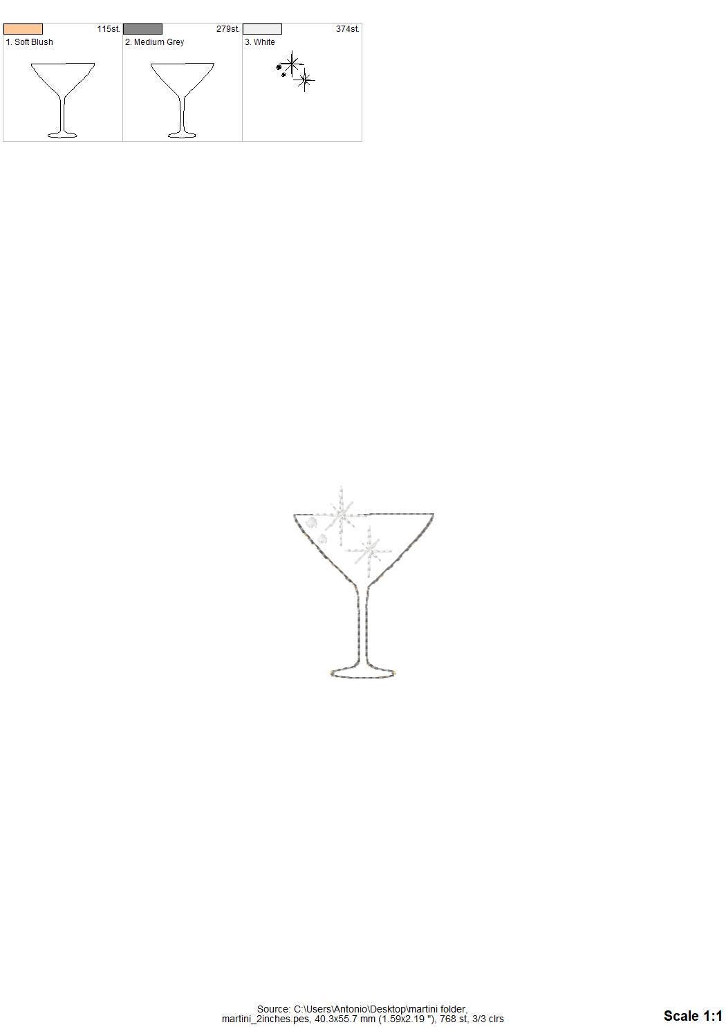 Cocktail Martini Drink in glass HTV Glitter vinyl Applique machine embroidery designs small sizes Sparkle Party festive accent